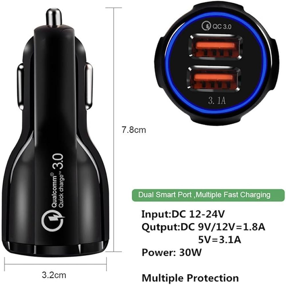 30W Dual Port Car Charger with Qualcomm Quick Charge 3.0