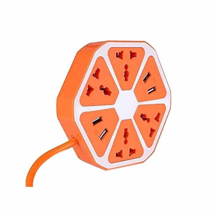 Hexagon Shape Extension Board with 4 USB Charging Ports & 4 Power Sockets (Orange)